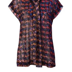 CAbi Orange Graphic Relaxed Blouse with Notched Collar